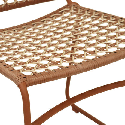 Close-up of a woven rattan or wicker chair seat and back with a warm brown metal frame on a white background.