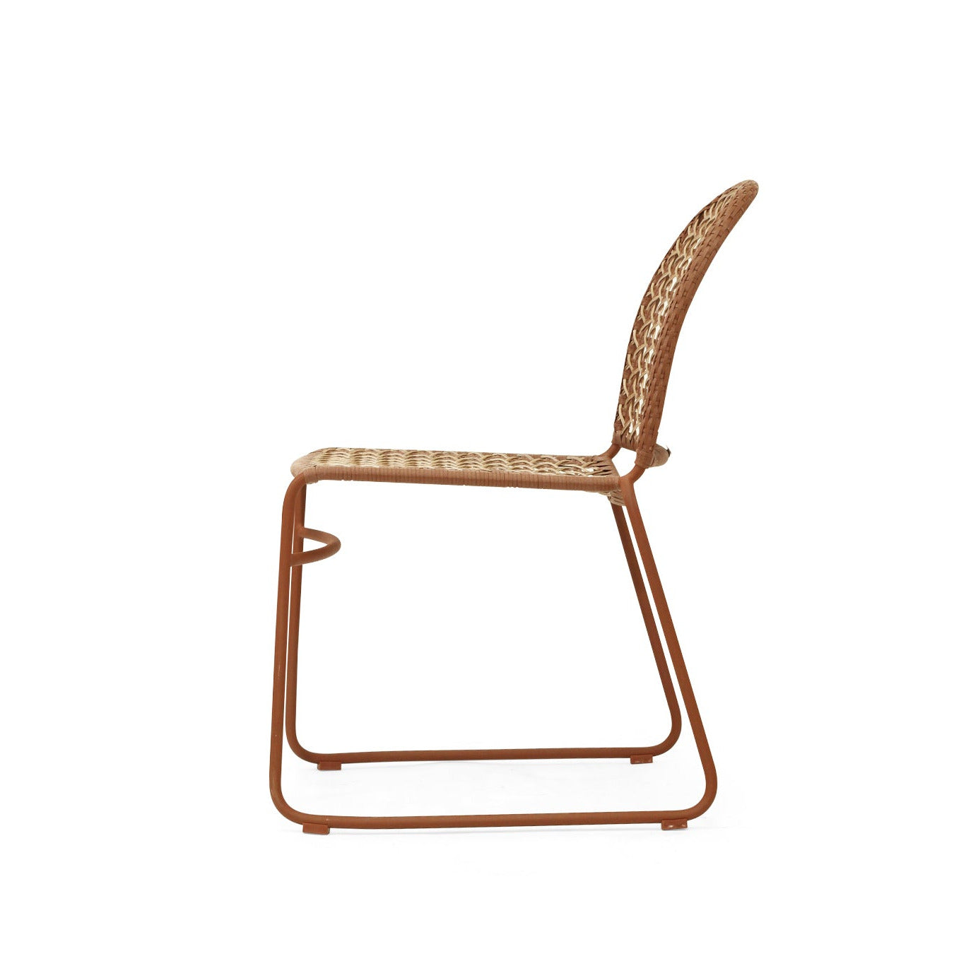 A modern side chair with a rust-brown metal frame and a woven natural-fiber seat and backrest, shown from a side profile on a solid white background.
