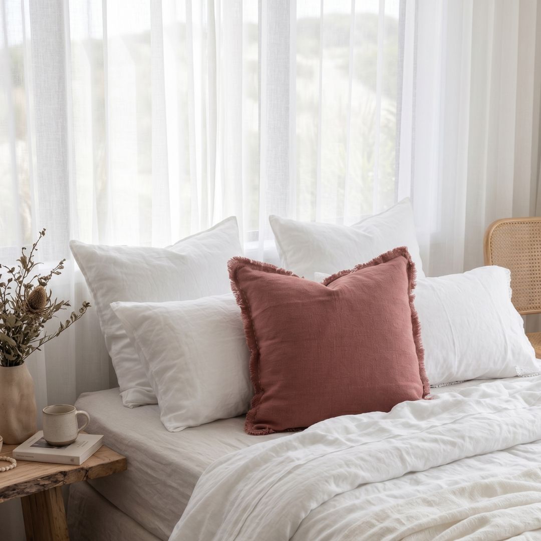 Hand loomed pink peony coloured cushion in a light and bright bedroom