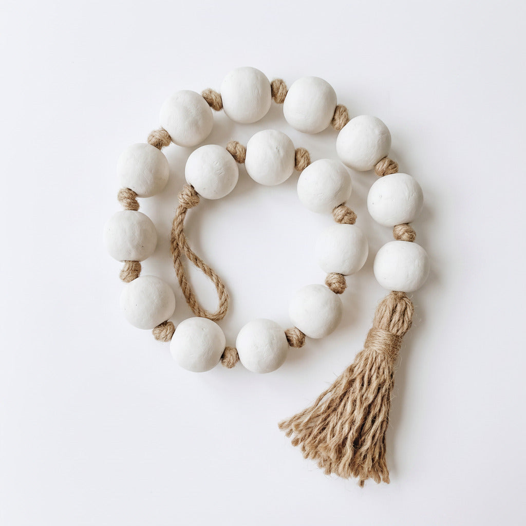 A decorative garland made of large matte white round beads strung on natural jute rope, with a matching jute tassel, photographed on a clean white background.