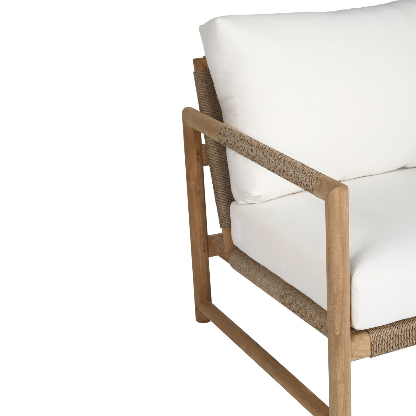 Chair with white cushion and natural wooden frame on a white background