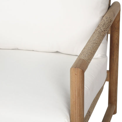 Close-up of a chair with white cushion and wooden frame on a white background