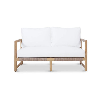 White cushioned sofa with wooden frame on a white background