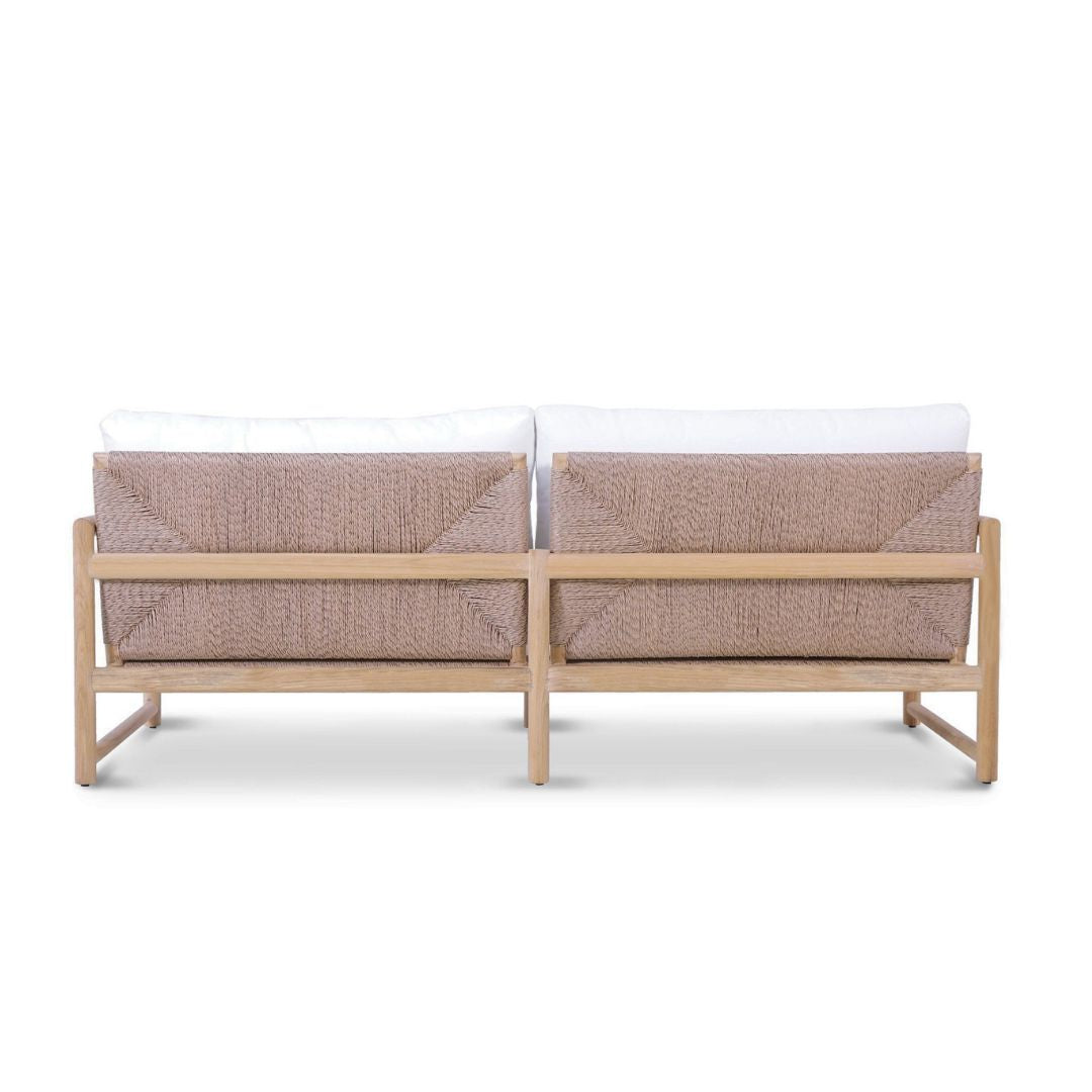 Modern outdoor sofa with wooden frame and beige cushions on a white background
