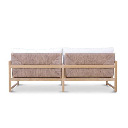 Modern outdoor sofa with wooden frame and beige cushions on a white background