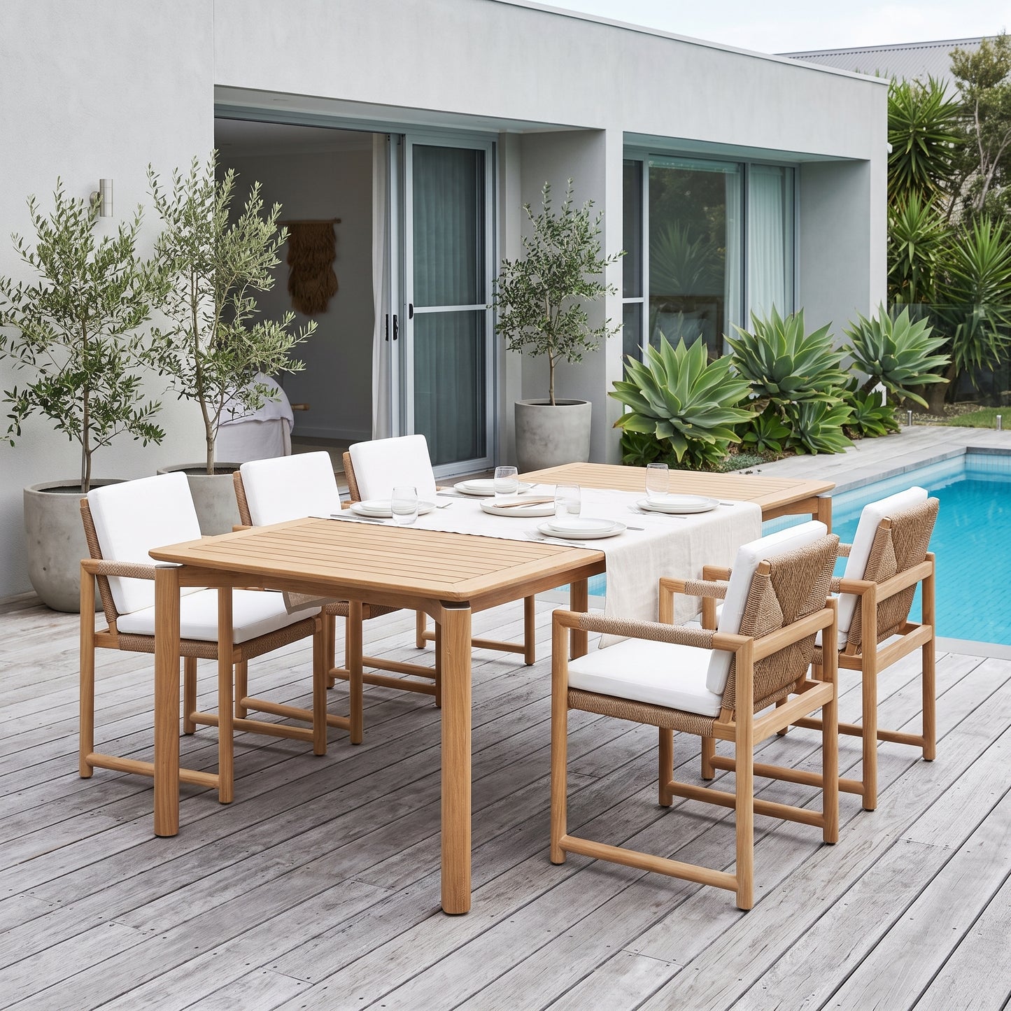 A 7-piece outdoor dining set on a gray wooden deck next to a swimming pool, featuring a rectangular slat-top table and six armchairs with white cushions and woven backs.