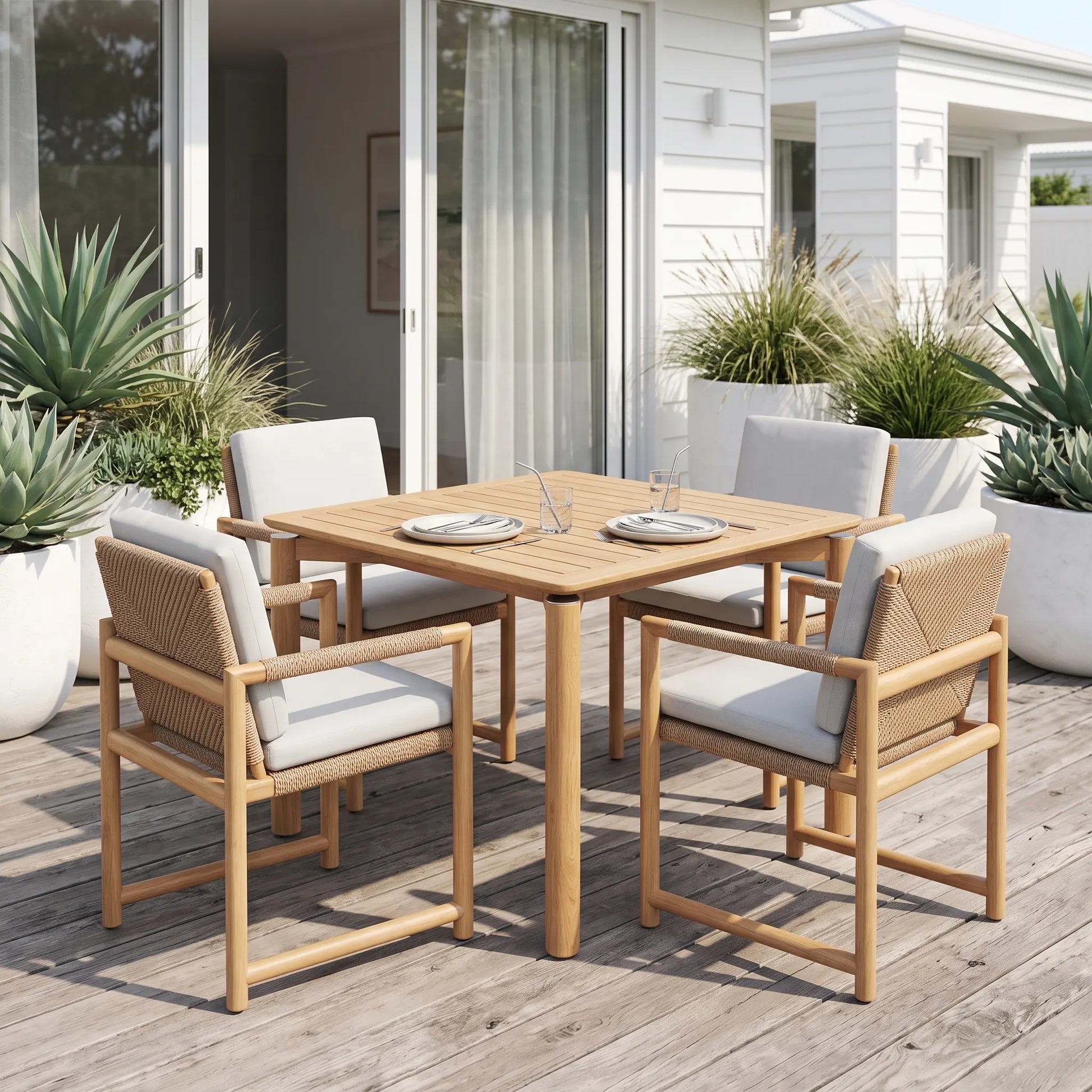 A 5-piece outdoor dining set on a wooden deck, featuring a square slatted table and four armchairs with woven wicker frames and light beige cushions, set against a modern white house background.