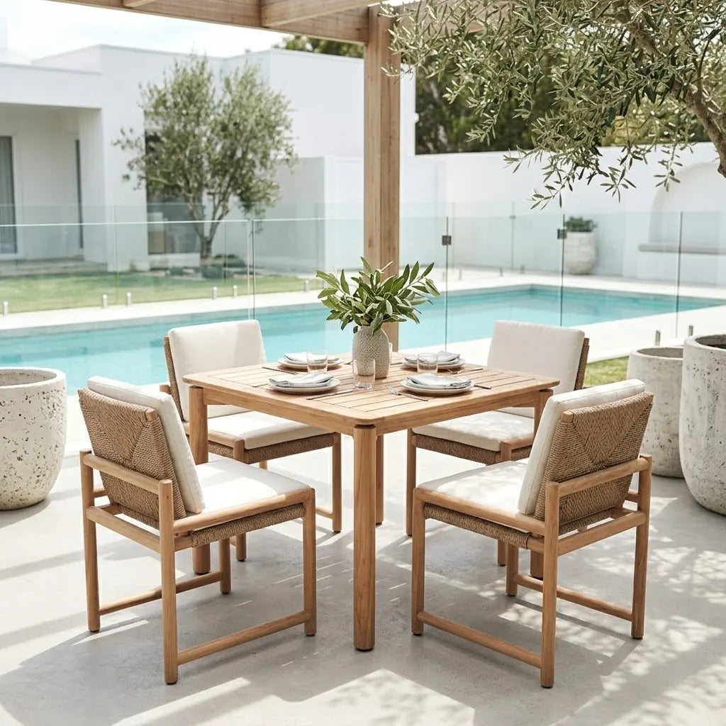 A 5-piece outdoor dining set featuring a rectangular wooden table and four matching armchairs with woven backs and light beige cushions, set on a patio next to a swimming pool.