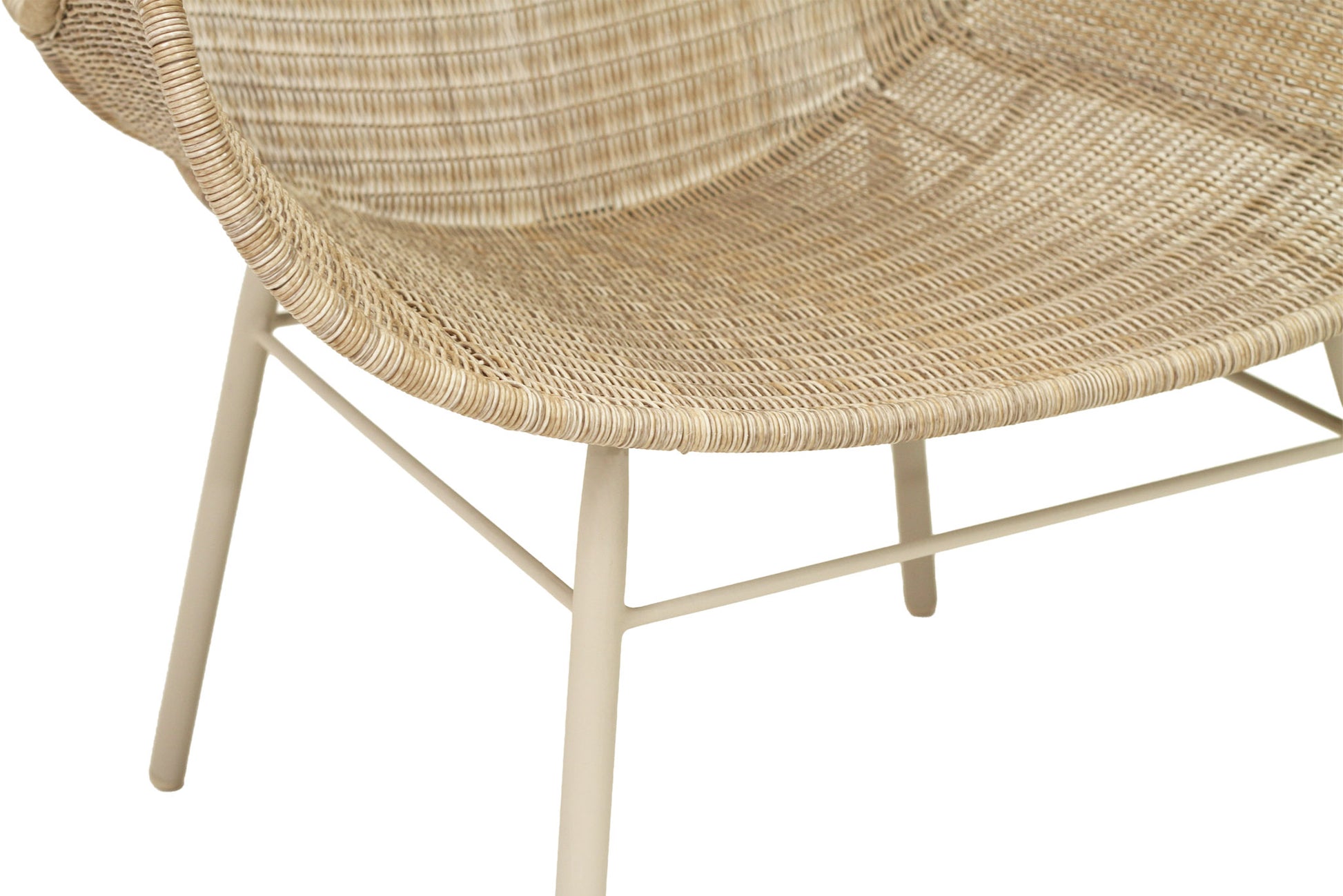 Woven chair with beige seat and white metal frame on a white background