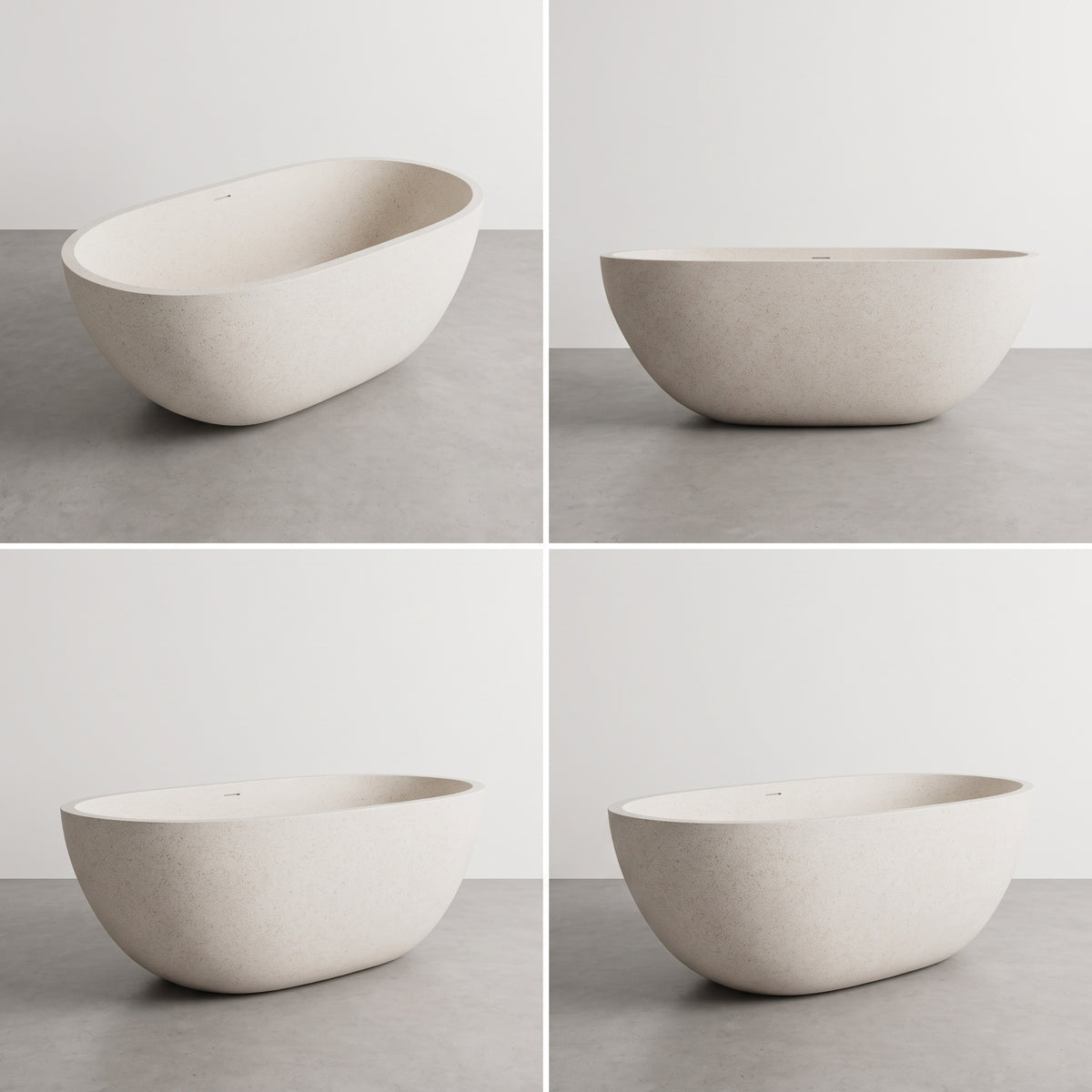 Four-panel studio view of a freestanding oval bathtub in a light warm off-white finish, shown from different angles on a gray floor against a light gray wall.