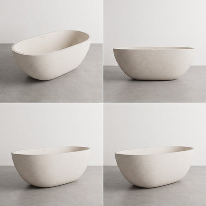 Four-panel studio view of a freestanding oval bathtub in a light warm off-white finish, shown from different angles on a gray floor against a light gray wall.