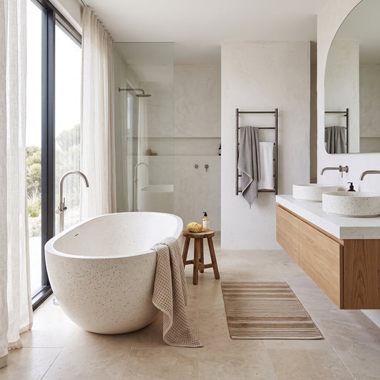 A modern bathroom interior featuring a freestanding oval stone bathtub with a draped towel, a double-sink vanity with wood cabinets and white stone basins, a glass shower enclosure, and large windows with sheer curtains.