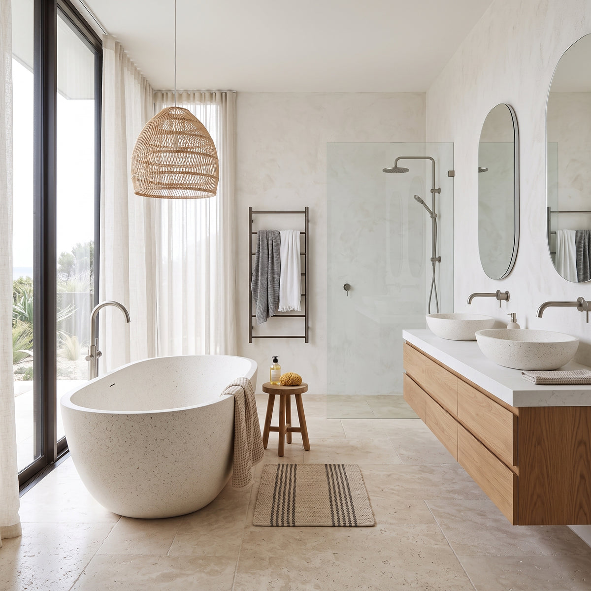 A modern bathroom interior with a freestanding oval bathtub near large windows, a glass shower enclosure, double vessel sinks on a floating wood vanity, and a woven pendant light overhead.
