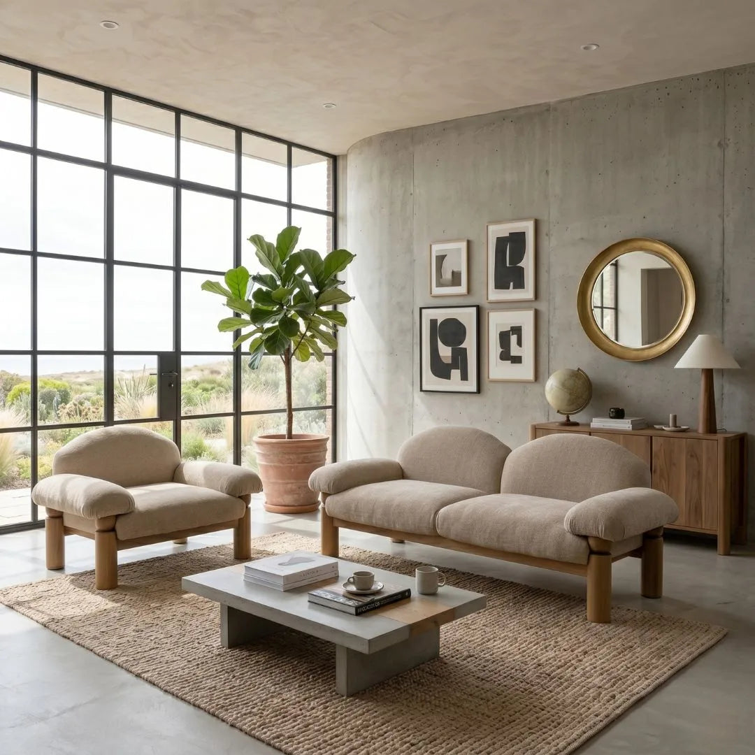 Modern living room with beige sofa, armchair, and coffee table in a well-lit room.