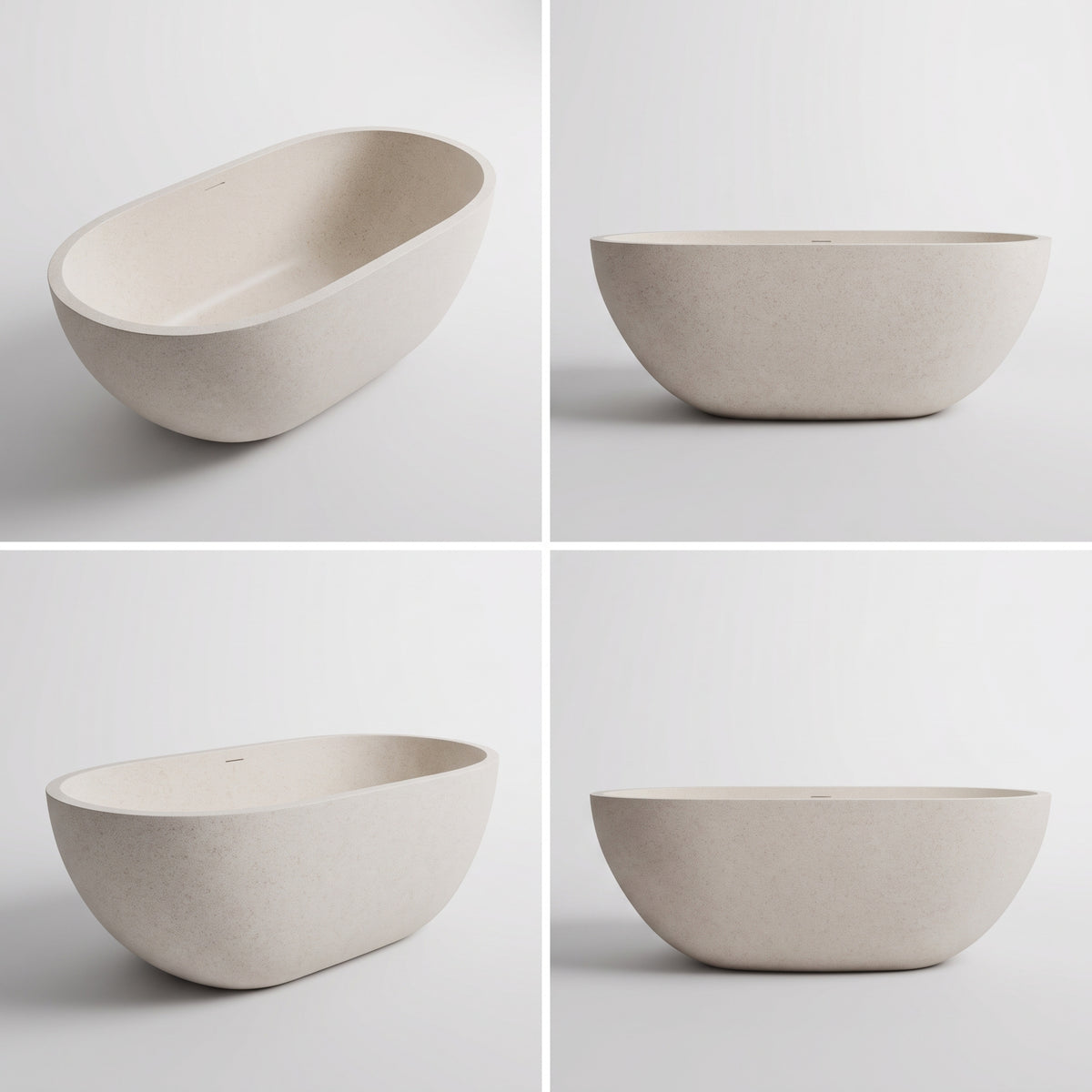 Four-panel studio product photo of a freestanding oval bathtub shown from different angles on a light gray background.