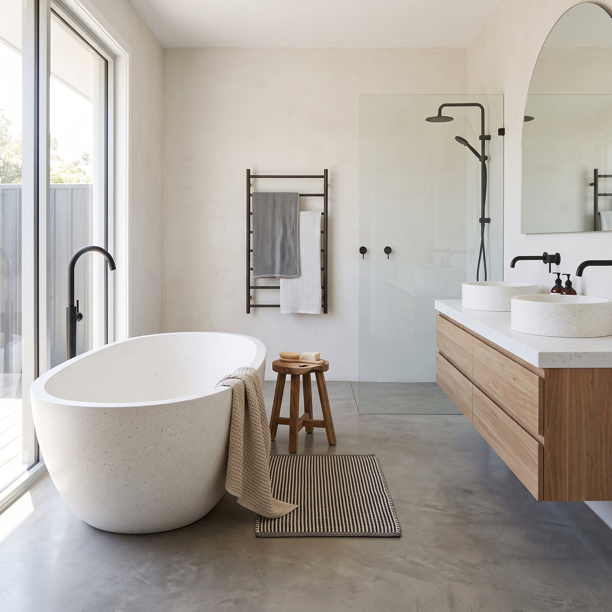 A modern bathroom interior featuring a freestanding oval bathtub in the foreground, a floating wood vanity with two white vessel sinks, a glass shower enclosure, and a small wooden stool beside the tub.