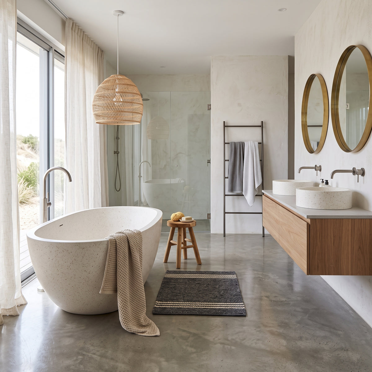 A modern bathroom interior featuring a freestanding oval bathtub with a draped towel, a woven pendant light, a floating wood vanity with two white sinks, round mirrors, and a glass shower enclosure.