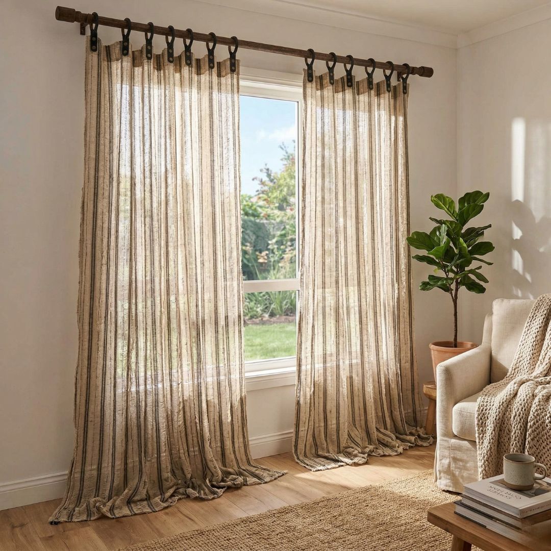 Sheer curtains with a subtle pattern in a living room setting with a plant and coffee table.