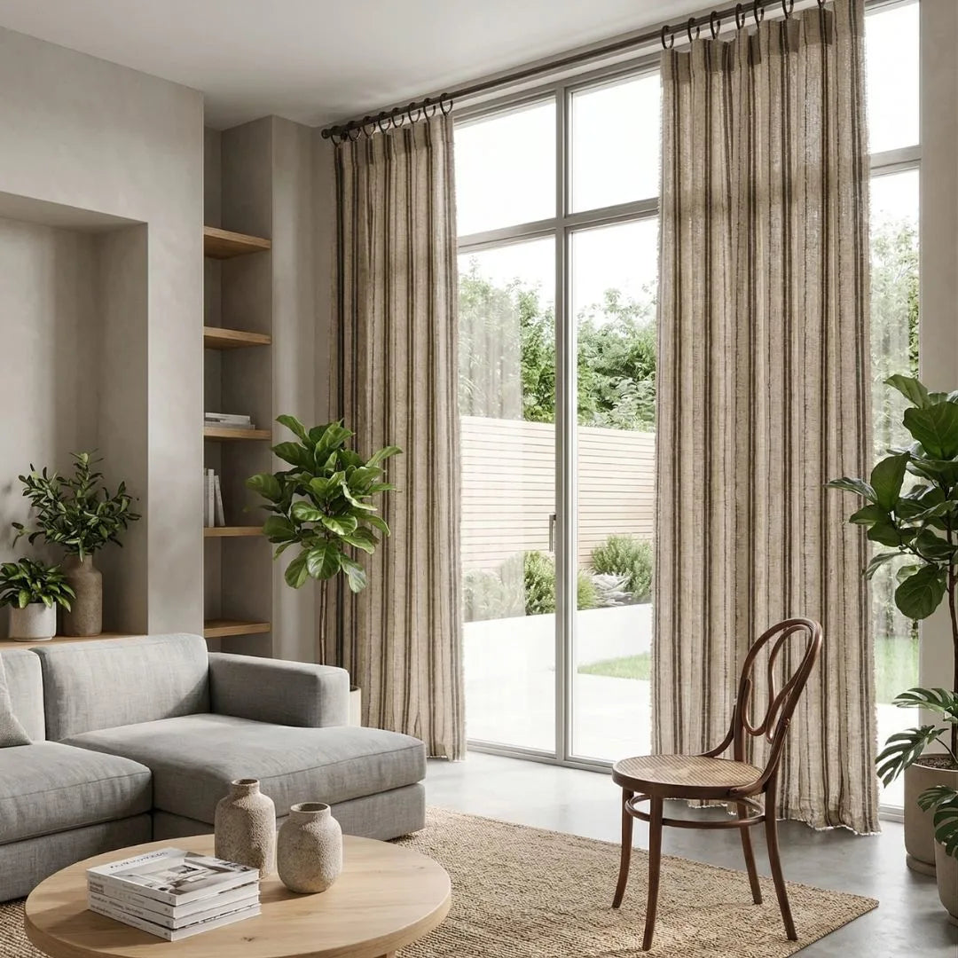 Living room with gray sofa, wooden coffee table, and striped curtains.