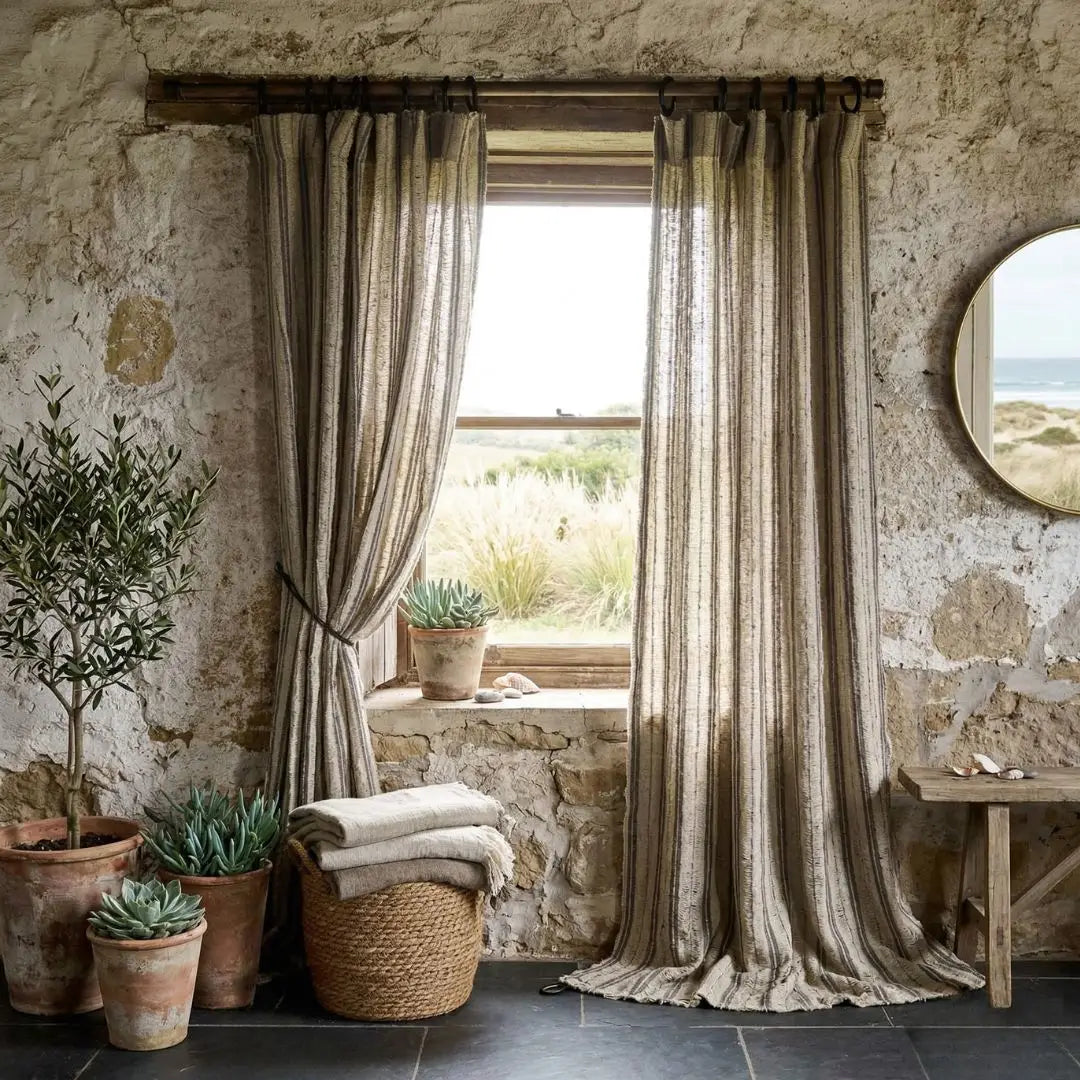 Room with stone walls, large windows with striped curtains, potted plants, and a woven basket.