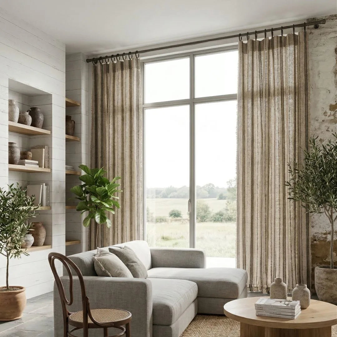 Modern living room with a gray sectional sofa, wooden chair, and large windows with curtains.