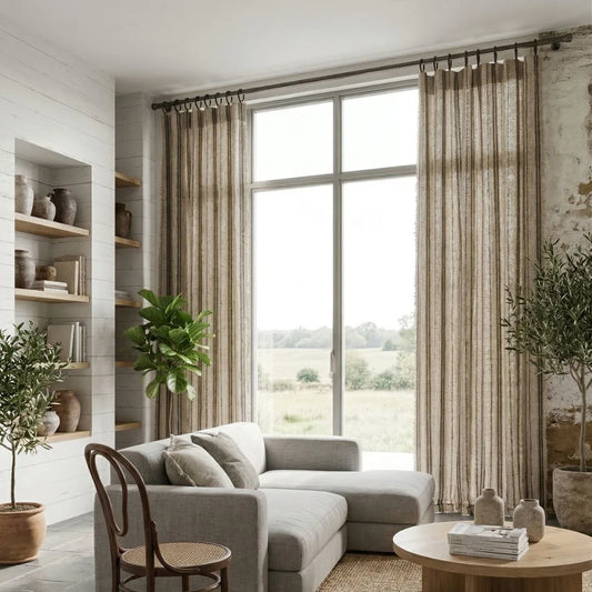 Modern living room with a gray sectional sofa, wooden chair, and large windows with curtains.