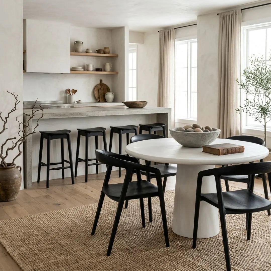 Modern kitchen with concrete island and black bar stools