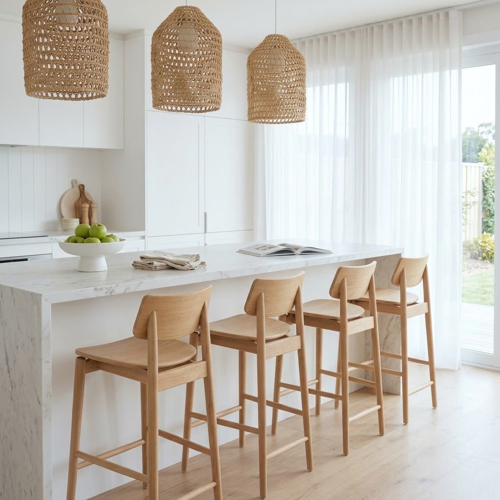 A bright modern kitchen with a white marble island, four light wood bar stools, and three woven wicker pendant lights hanging above.
