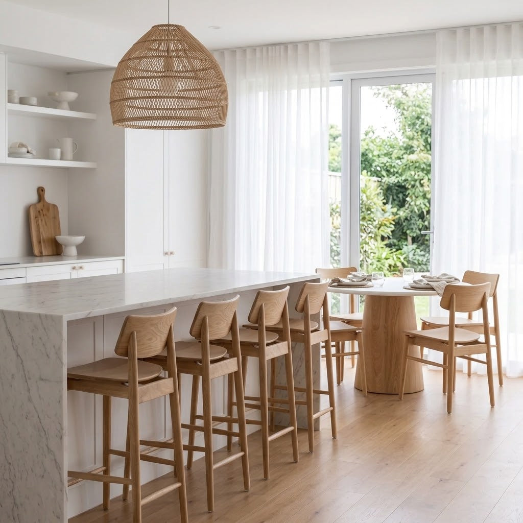 A modern kitchen and dining area with a large woven pendant light hanging above a marble-topped island with wooden bar stools, next to a dining table and chairs near tall windows with white curtains and greenery outside.