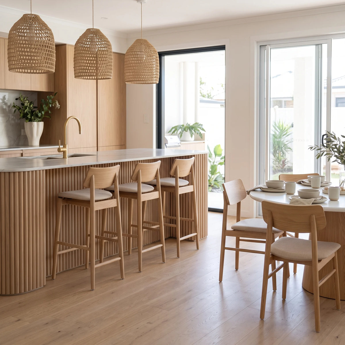 A modern kitchen and dining area with light wood cabinetry, a slatted island bar with four matching bar stools, pendant lights, and a dining table with chairs. The room has light wood flooring and large windows with natural light.