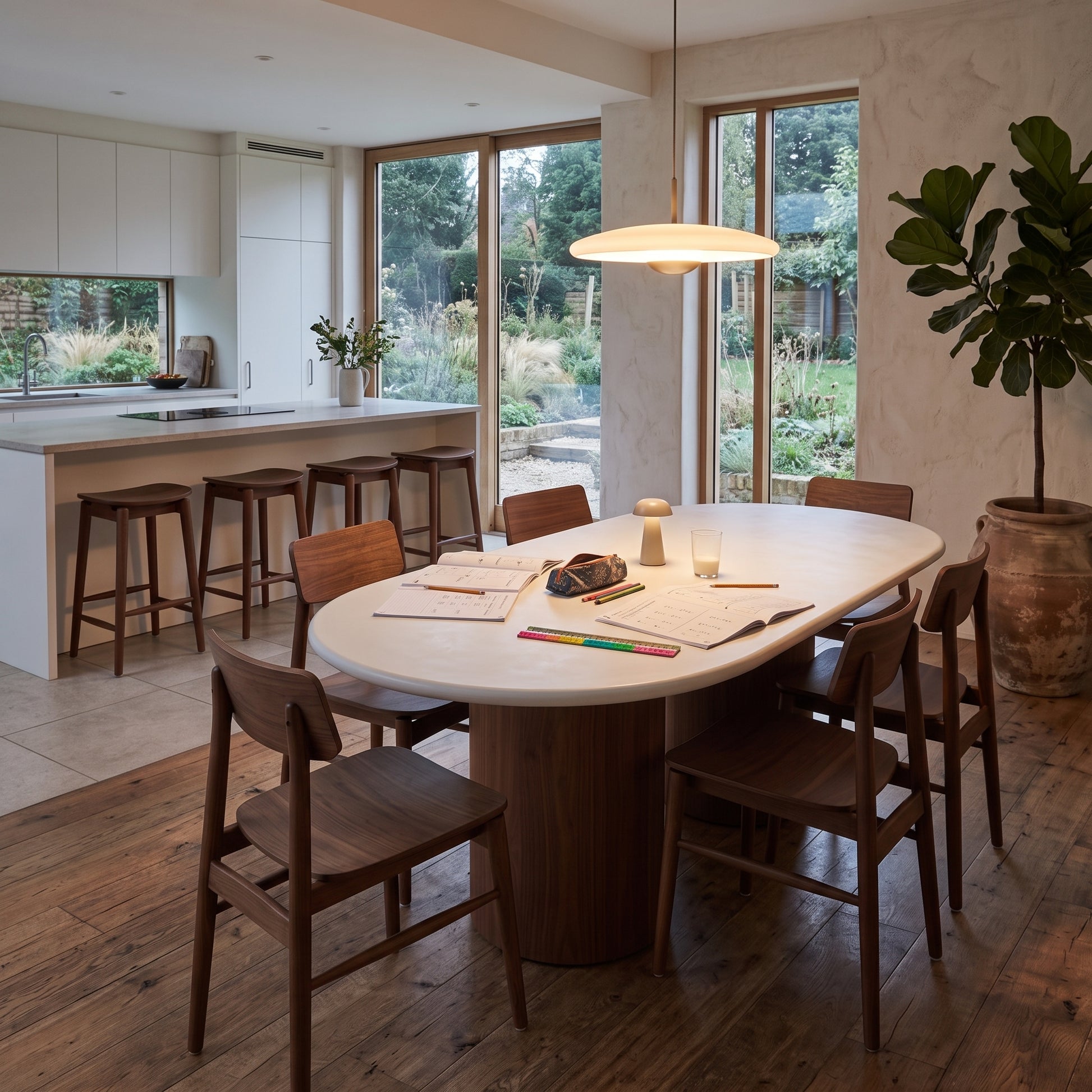 A modern dining room scene featuring a round white dining table with dark wood chairs, set in a bright, contemporary kitchen with large windows and a potted fiddle-leaf fig plant.