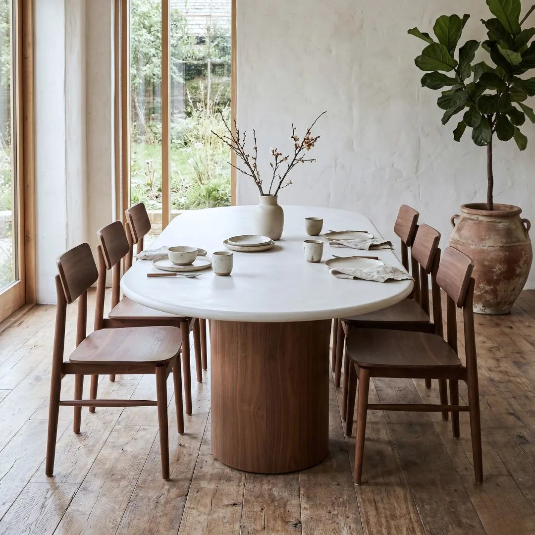 Dining area with a round table and wooden chairs.