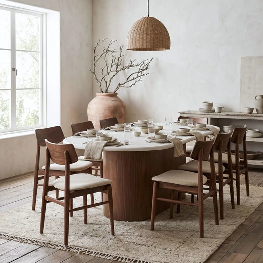 Dining area with a round table and wooden chairs.