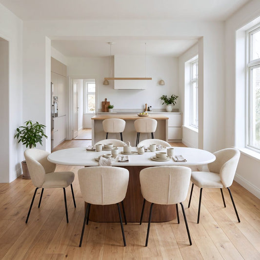 Modern kitchen with a dining table and chairs in a bright, minimalistic setting.