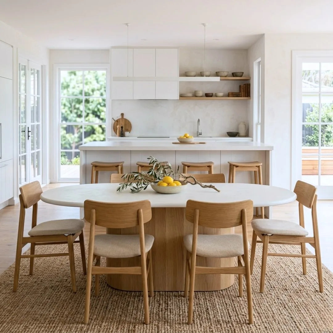 Modern kitchen and dining area with Sun Republic Jansen Collection Dining Table, chairs and stools.