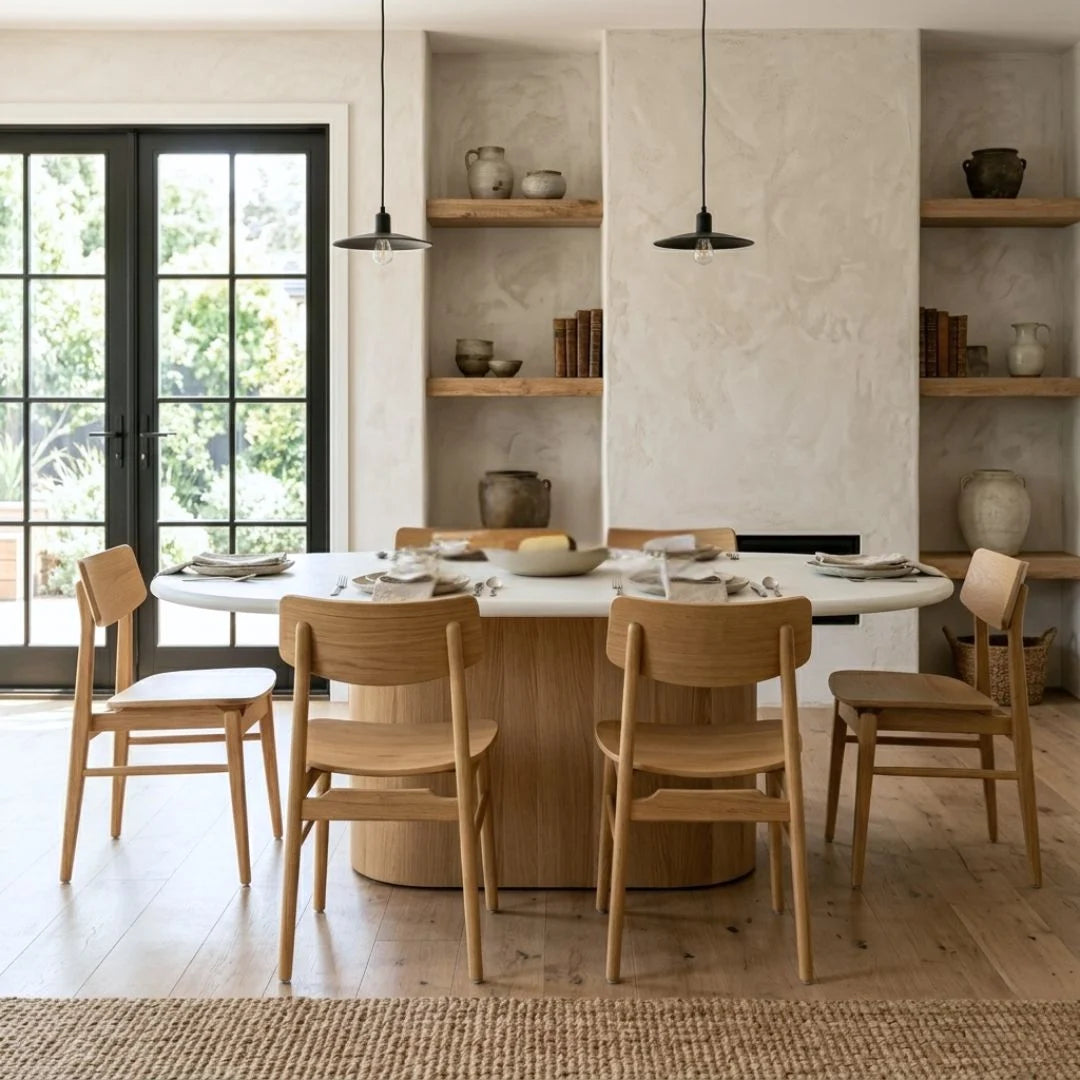 Dining area with wooden chairs and a round table in a well-lit room.
