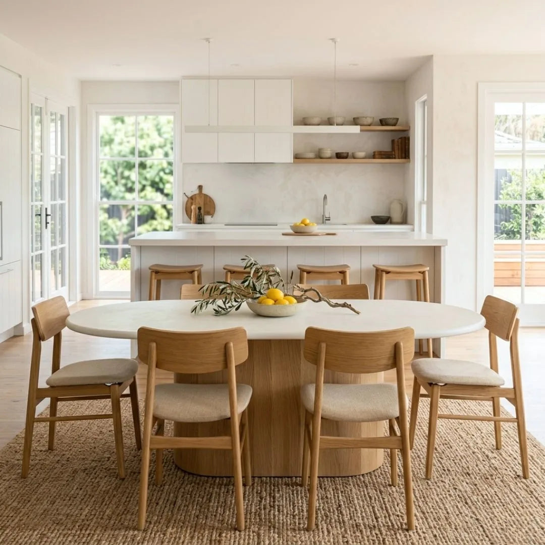 Jansen Dining Table, chairs and stools in a modern kitchen