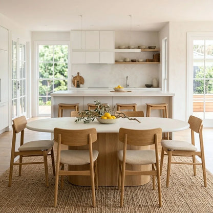 Jansen Dining Table, chairs and stools in a modern kitchen