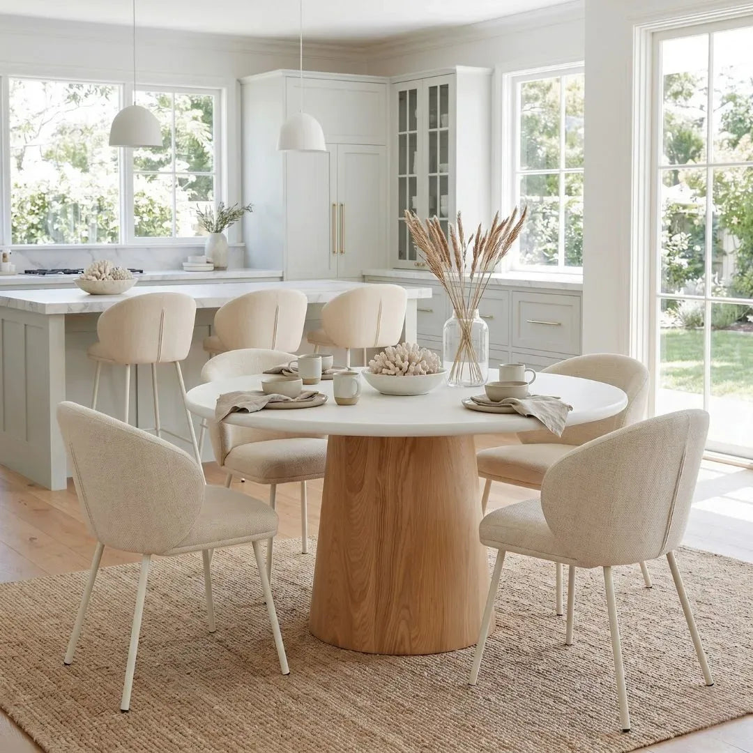 Round microcement dining table with natural oak base, linen dining chairs in an modern coastal open plan kitchen dining home by sun republic