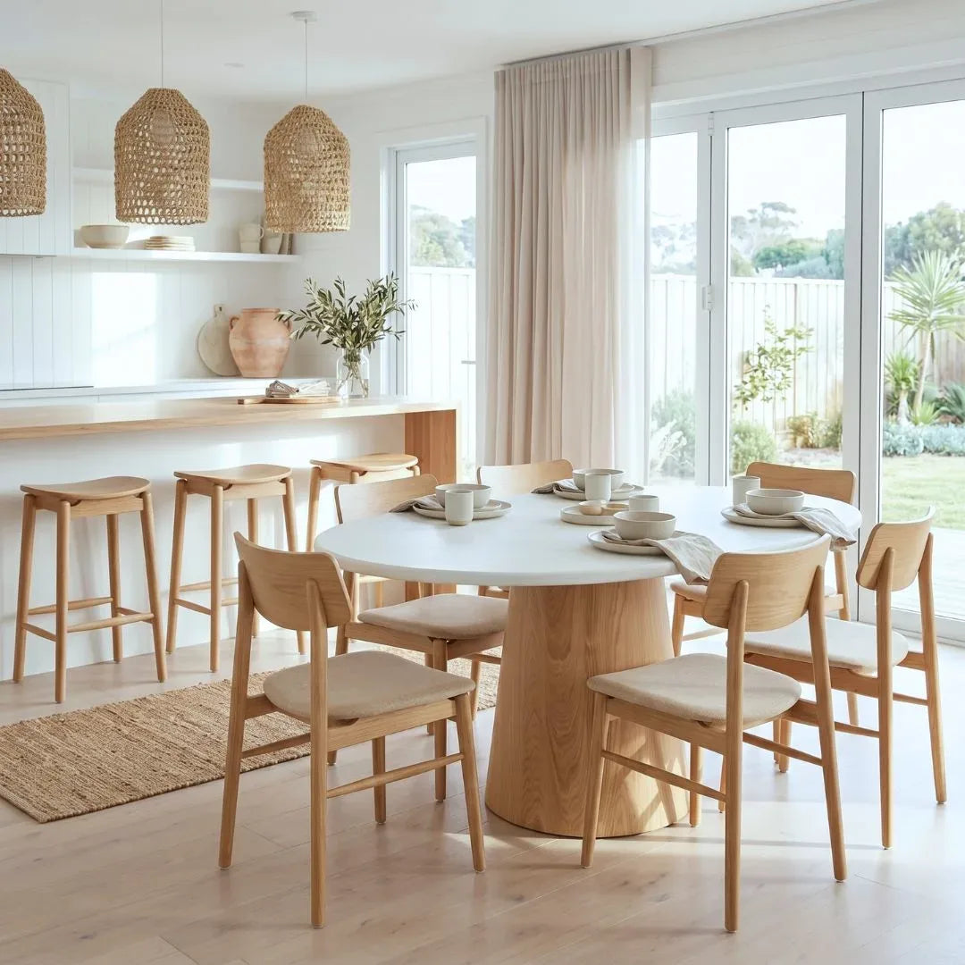 Round microcement dining table with natural oak base, timber dining chairs in an modern coastal open plan kitchen dining home by sun republic