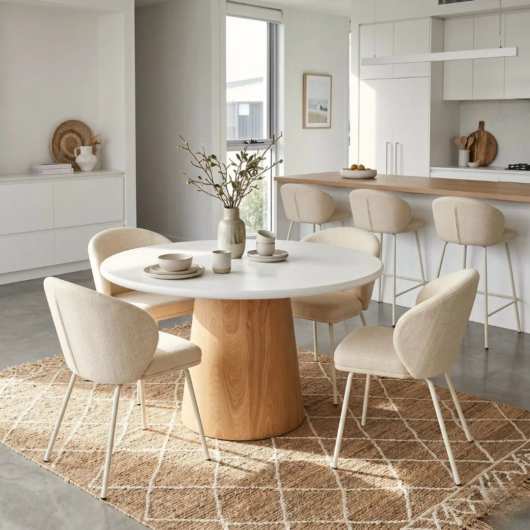 Round microcement dining table with natural oak base, linen dining chairs in an modern open plan kitchen dining apartment by sun republic