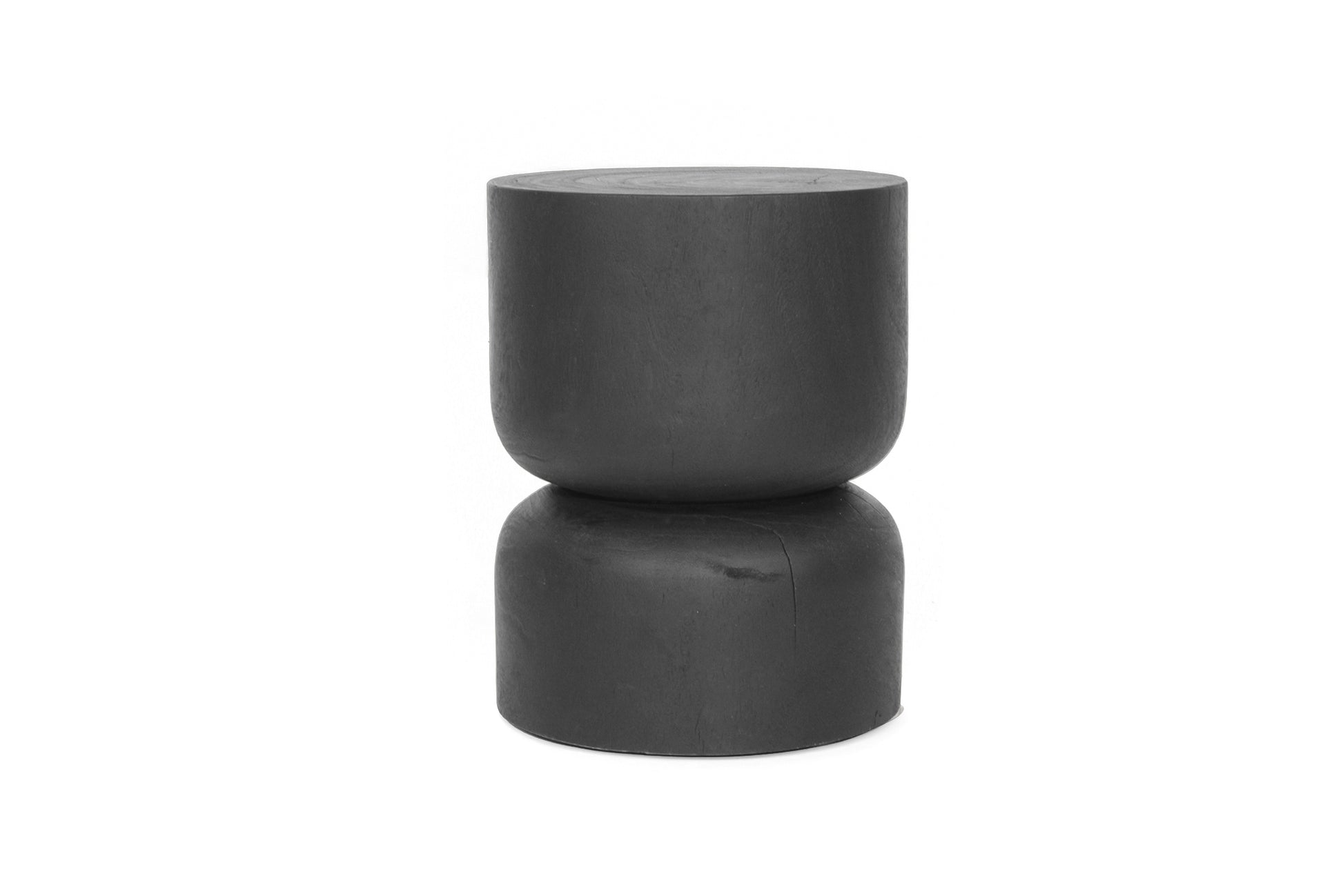 Black round stump stool side table on a white background