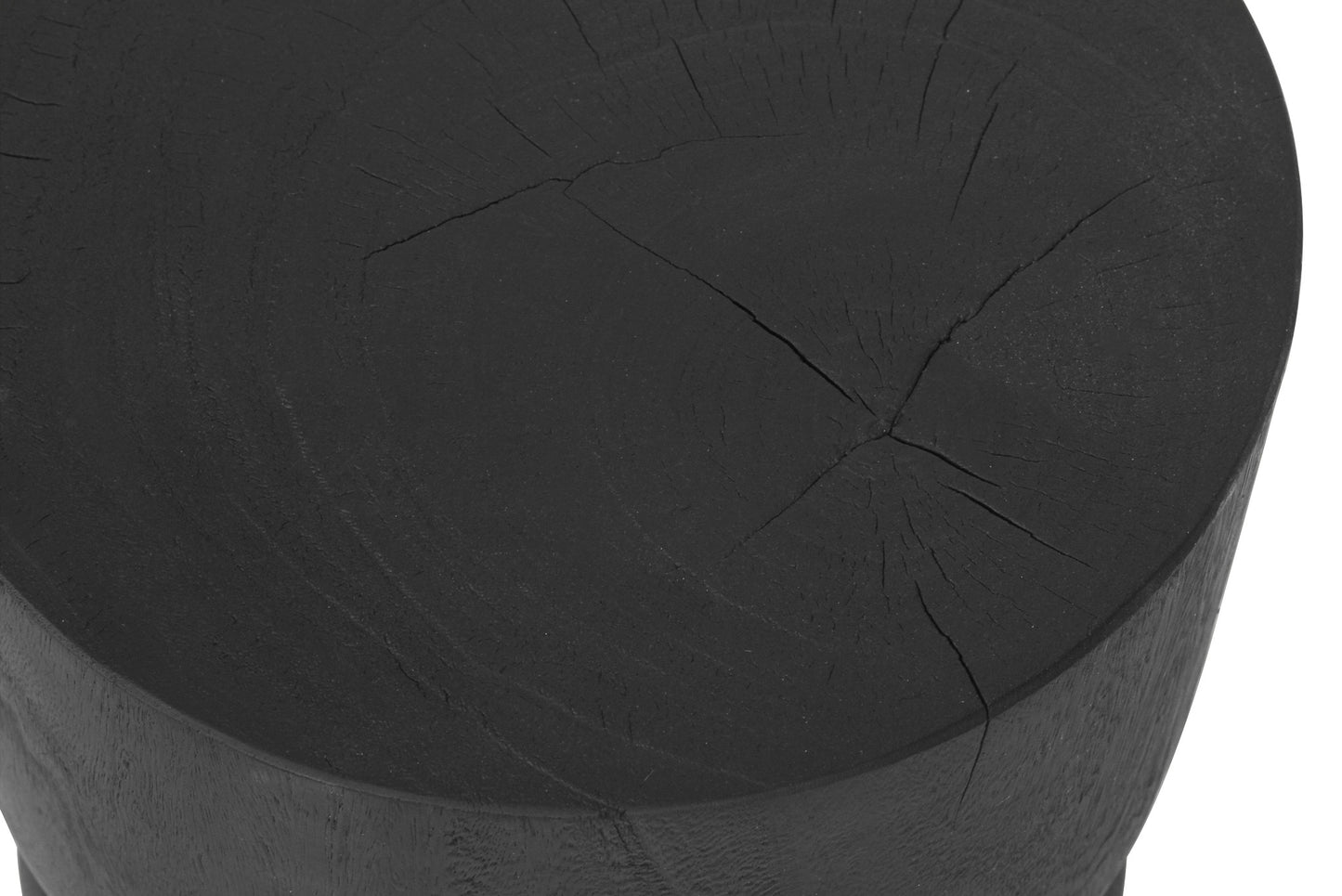 Close up of a Black round stump stool side table on a white background
