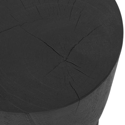 Close up of a Black round stump stool side table on a white background