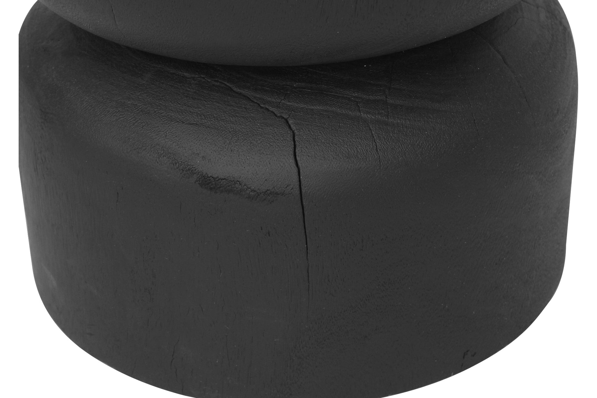 Close up of a Black round stump stool side table on a white 