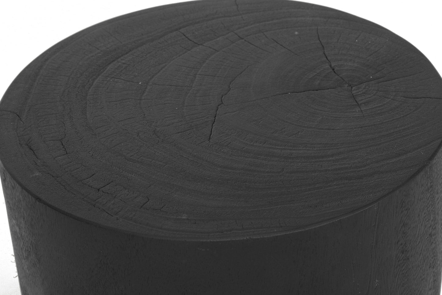 Close up of a Black round stump stool side table on a white 