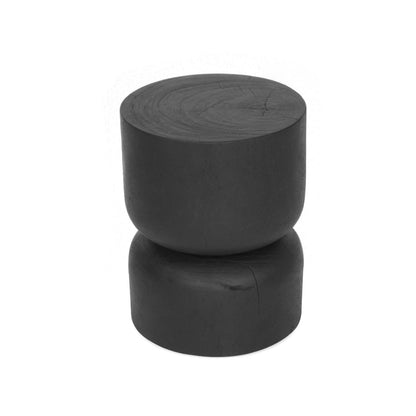 Black round stump stool side table on a white background