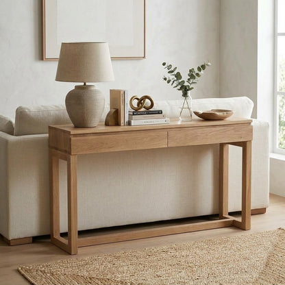 A light natural oak console table styled in a bright living room setting, featuring a ceramic table lamp, books, decorative objects, and a small vase on top.