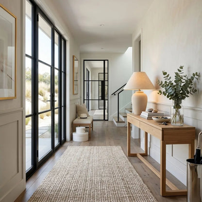 Modern interior hallway with a wooden console table, lamp, and decorative items.