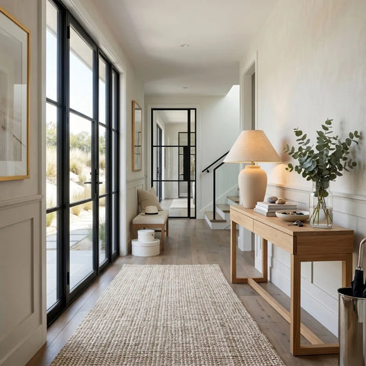 Modern interior hallway with a wooden console table, lamp, and decorative items.